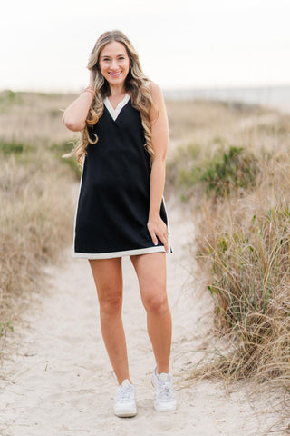 Black V-Neck Knit Mini Dress