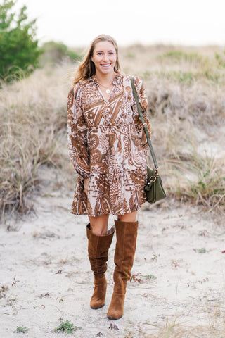 V-Neck Button Down Long Sleeve Patterned Short Dress