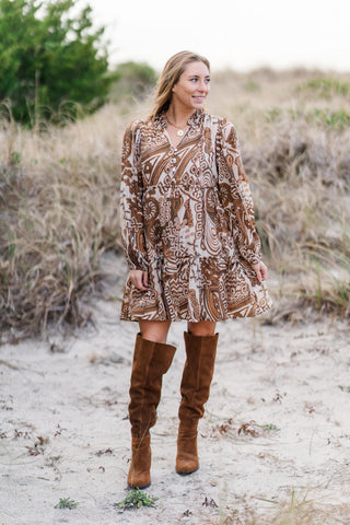 V-Neck Button Down Long Sleeve Patterned Short Dress