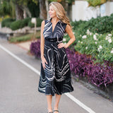 Printed V-Neck Pleated Sleeveless Midi Dress