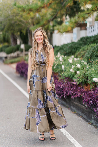 V-Neck Collared Cinch Waist Printed Tiered Maxi Dress