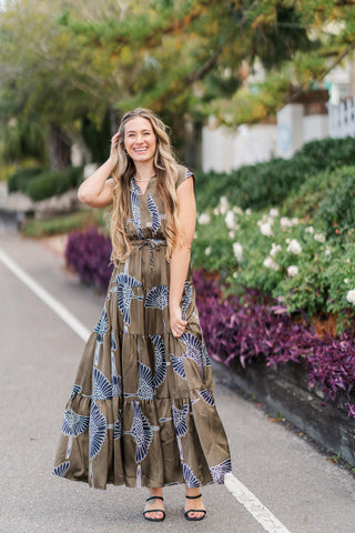 V-Neck Collared Cinch Waist Printed Tiered Maxi Dress