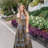 V-Neck Collared Cinch Waist Printed Tiered Maxi Dress