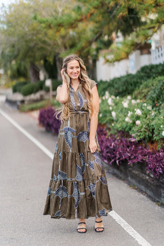 V-Neck Collared Cinch Waist Printed Tiered Maxi Dress