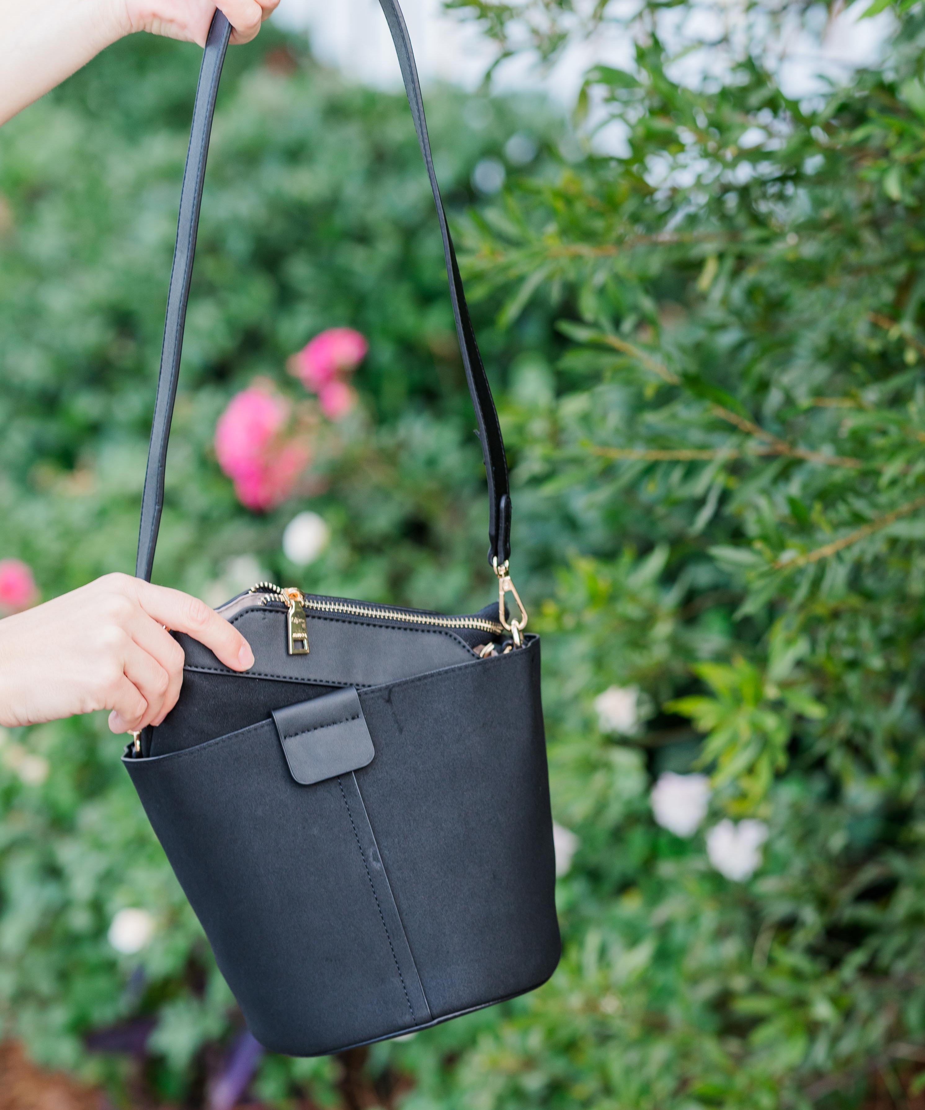 Faux Suede Bucket Bag w/ Top Handle & Inner Bag (detail view 2)
