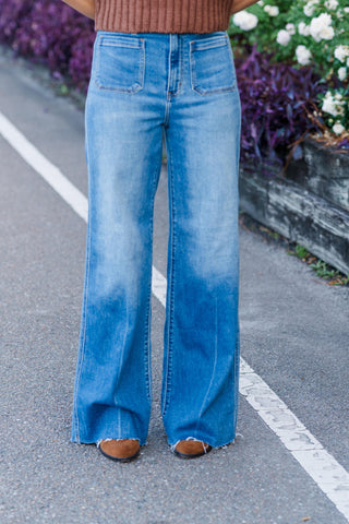 High Rise Wide Leg Patch Pocket Jeans