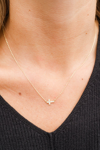 Pave CZ Sideways Cross Necklace