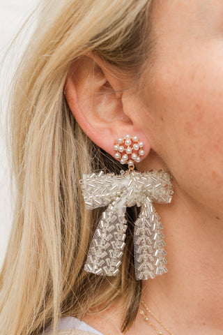 Beaded Ribbon & Pearl Cluster Earrings
