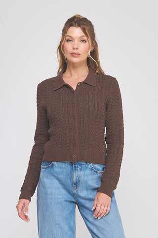 Cable-Knit Collared Button Down Cardigan