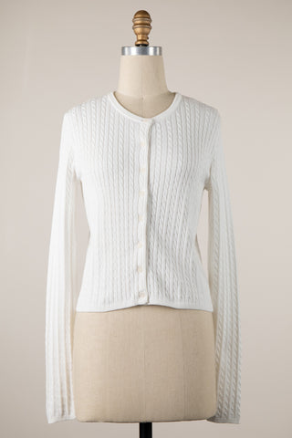 Cable Knit Button Down Cropped Cotton Cardigan