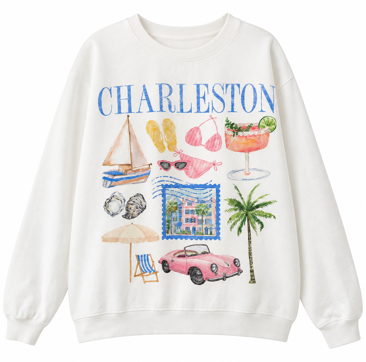 White Charleston crewneck sweatshirt featuring pastel watercolor artwork of a sailboat, palm tree, pink convertible, seashells, and beach accessories.