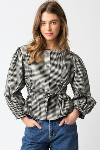 Checkered Tie Waist Button Down Blouse