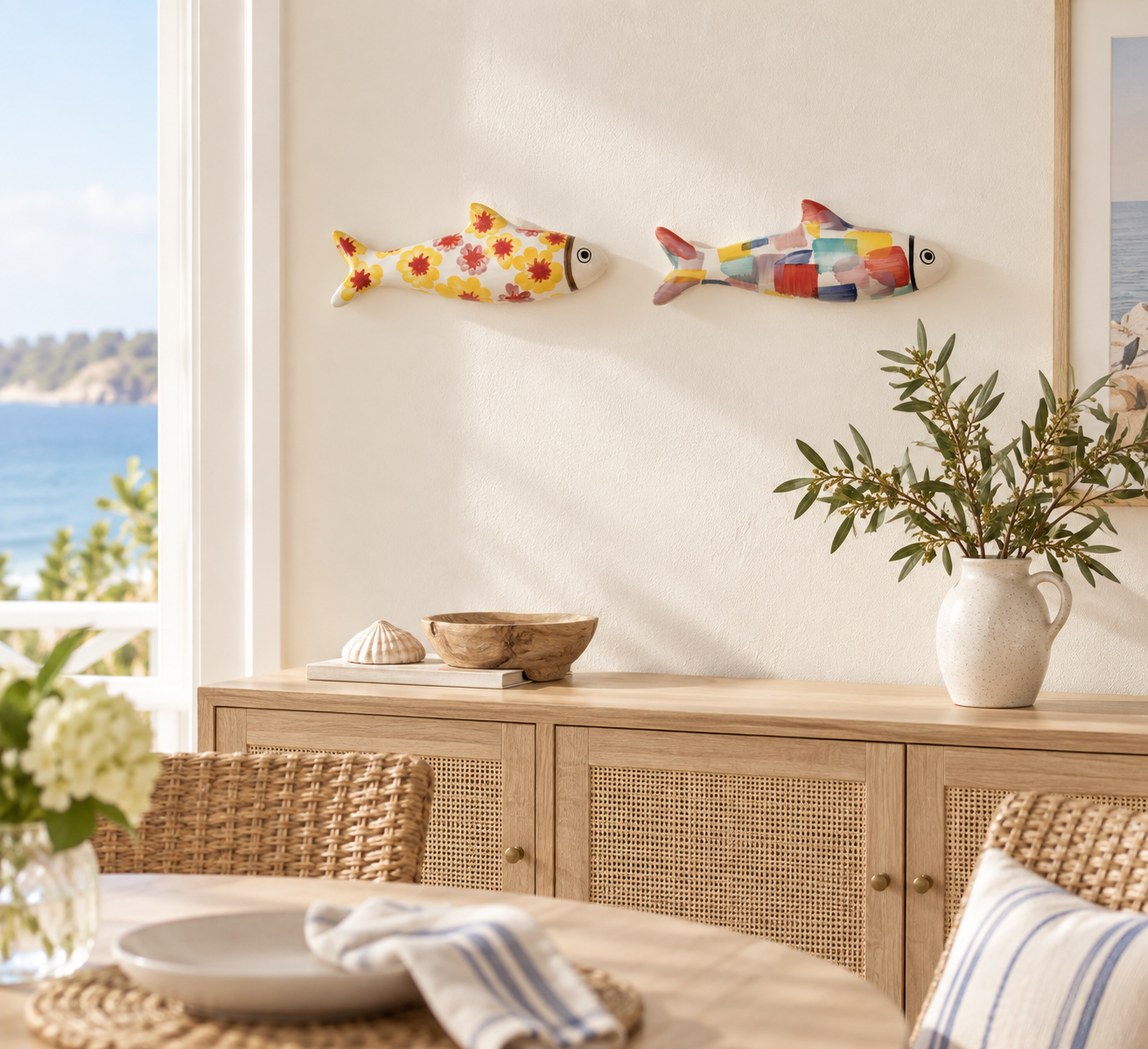 Yellow floral and multicolor stoneware fish displayed above a dining room sideboard