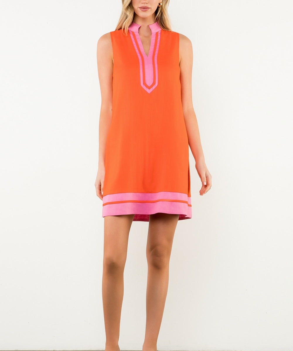 Contrast Trim Split Neck Dress