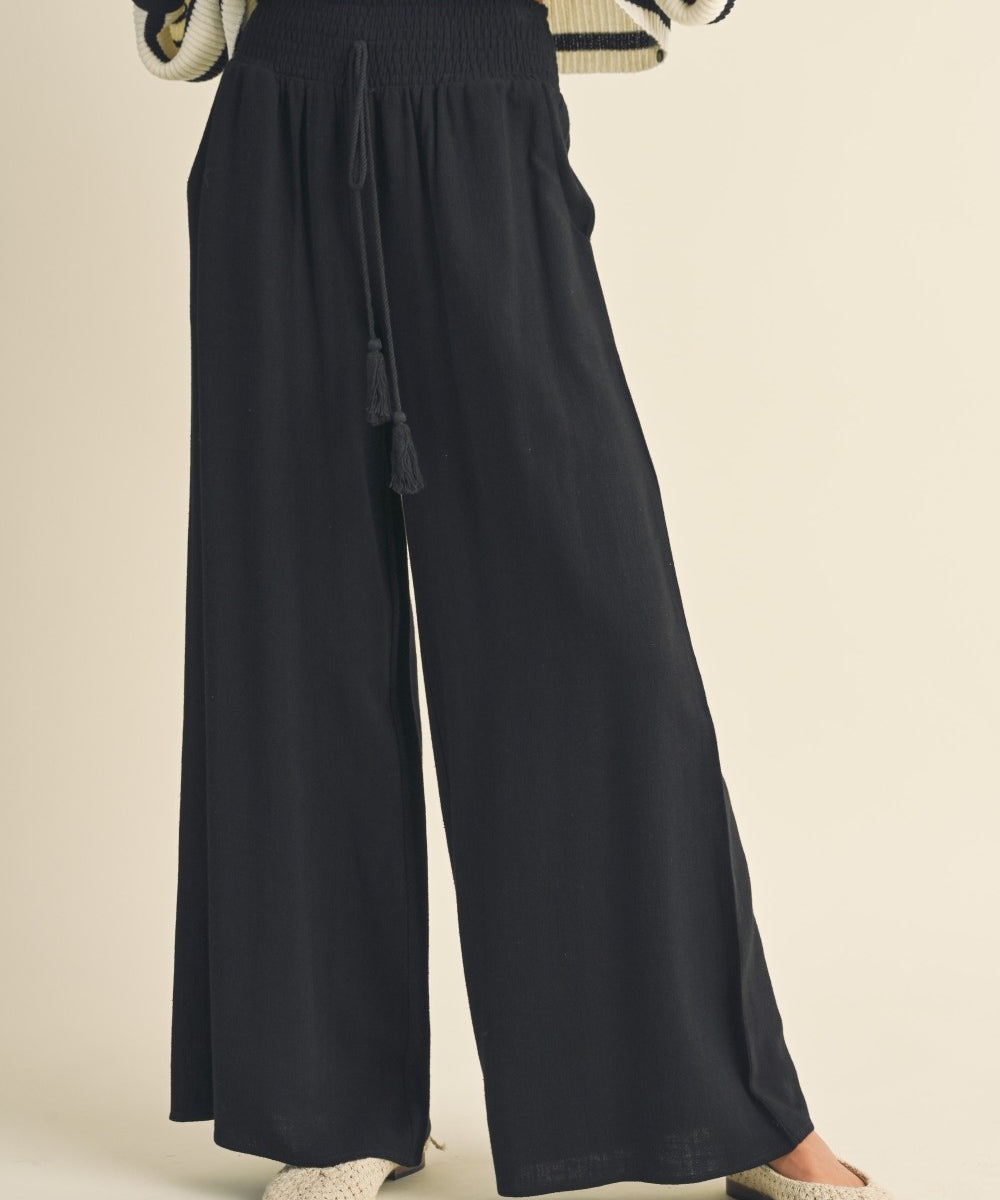 Linen Smocked Waist Pants With Tassel