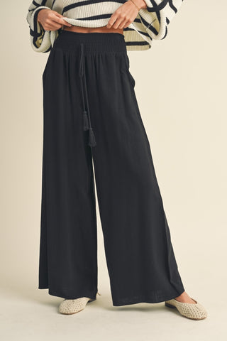 Linen Smocked Waist Pants With Tassel