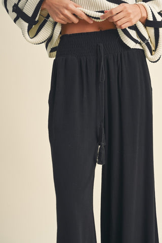 Linen Smocked Waist Pants With Tassel