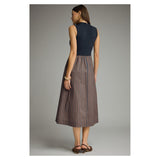 Navy striped-skirt midi dress, back model view