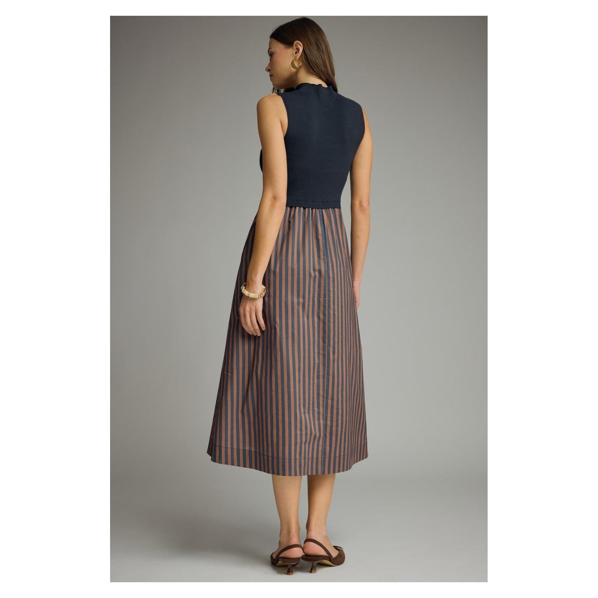 Navy striped-skirt midi dress, back model view