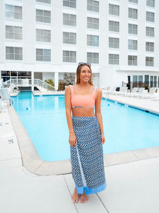 Blue Wave Pattern Wrap Tie Midi Skirt