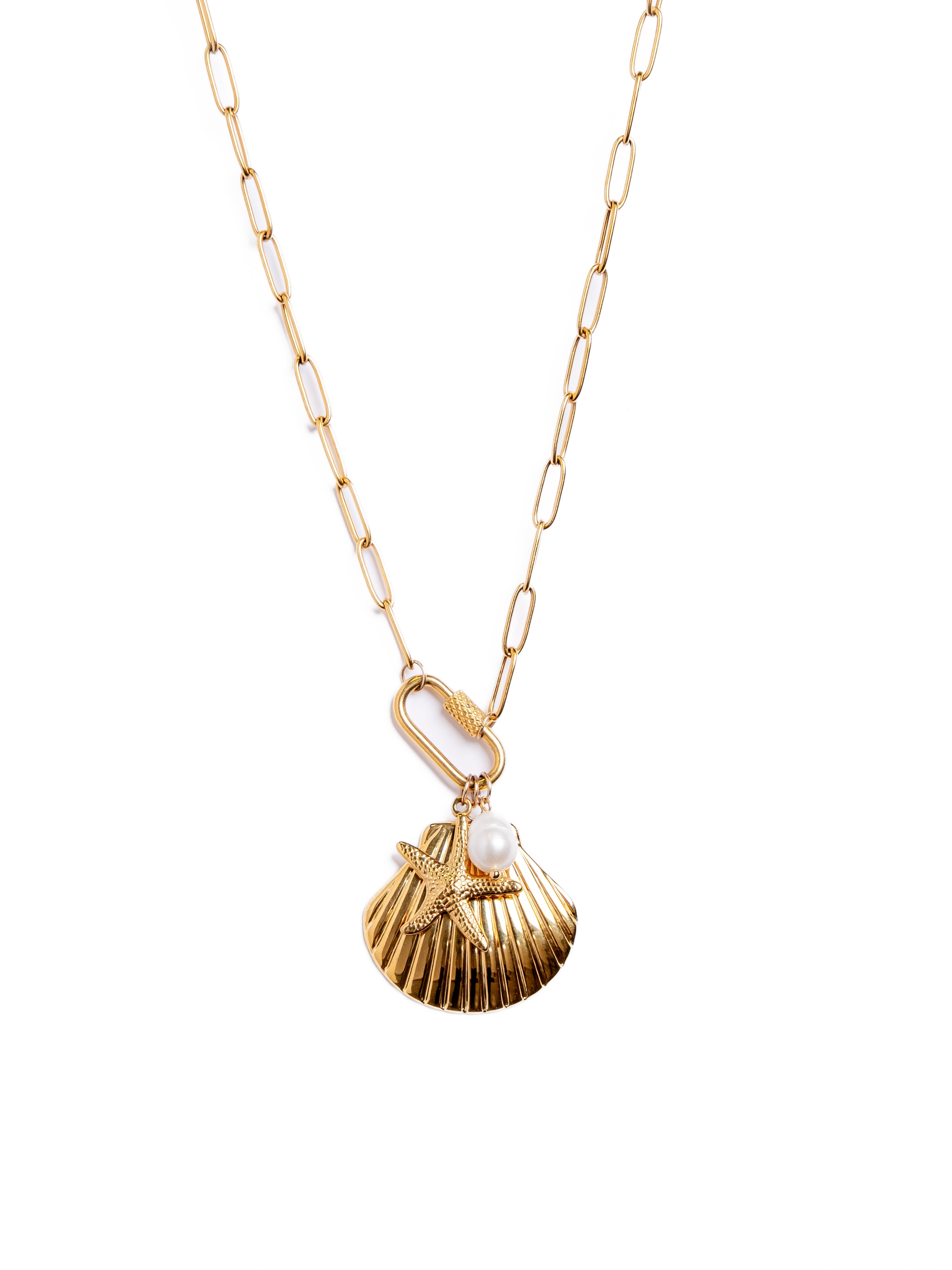 Waterproof Shell Charm Carabiner Necklace – Gold-Plated, Tarnish-Free & Hypoallergenic