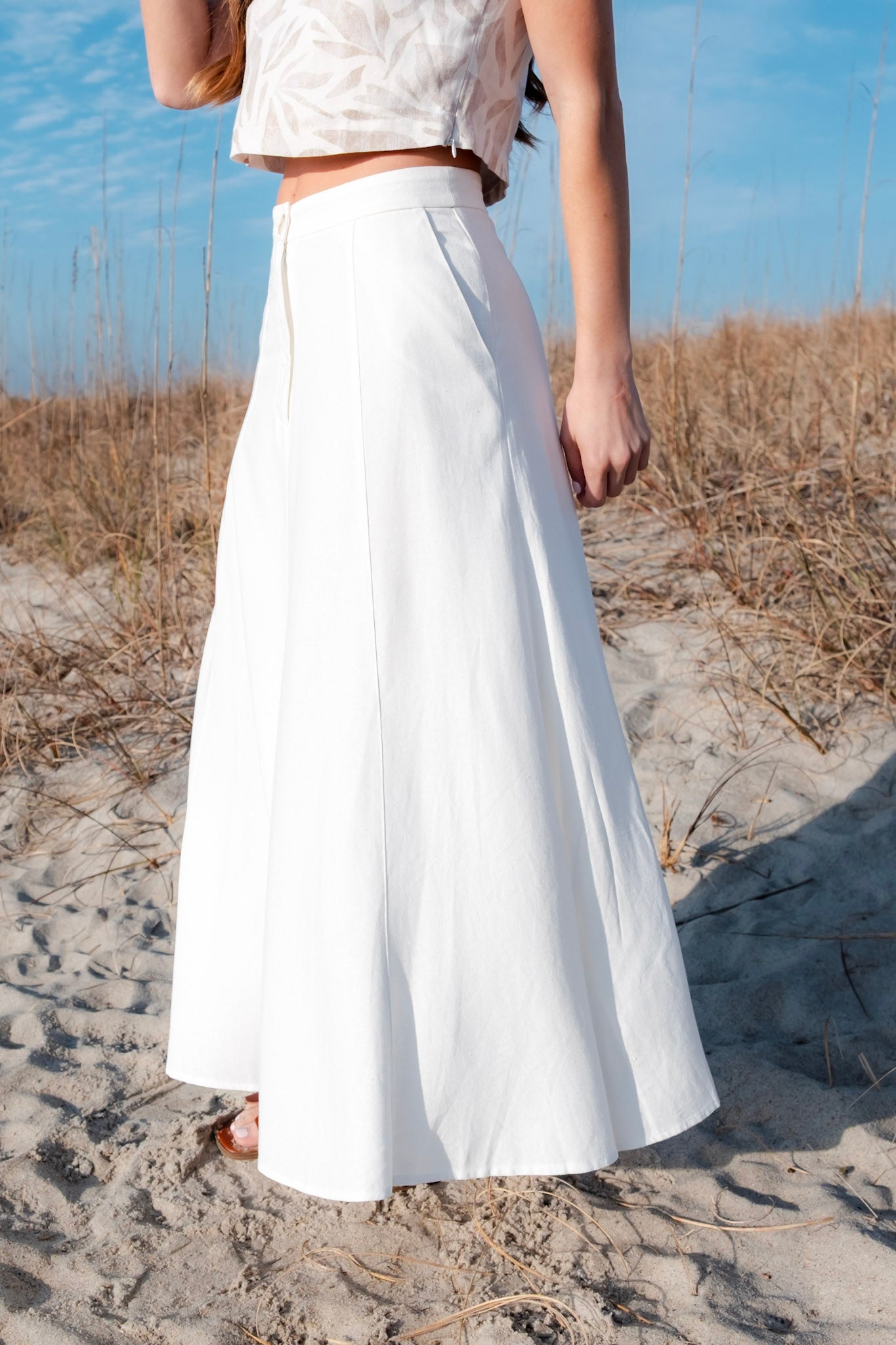 Pleated Cotton/Linen Blend Maxi Skirt