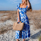 Two Tone Floral Print Puff Sleeve Cotton Maxi Dress