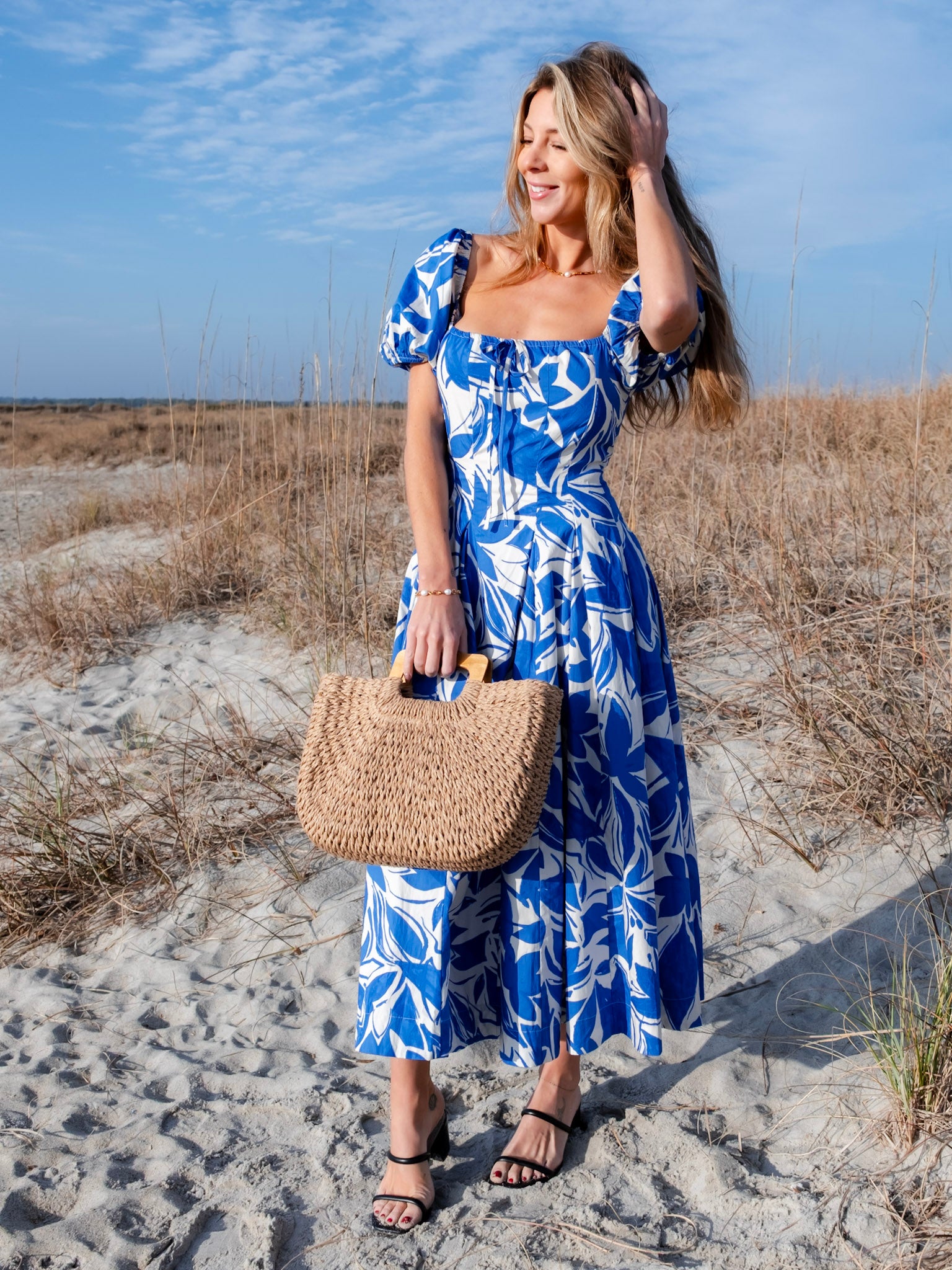 Two Tone Floral Print Puff Sleeve Cotton Maxi Dress