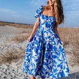 Two Tone Floral Print Puff Sleeve Cotton Maxi Dress