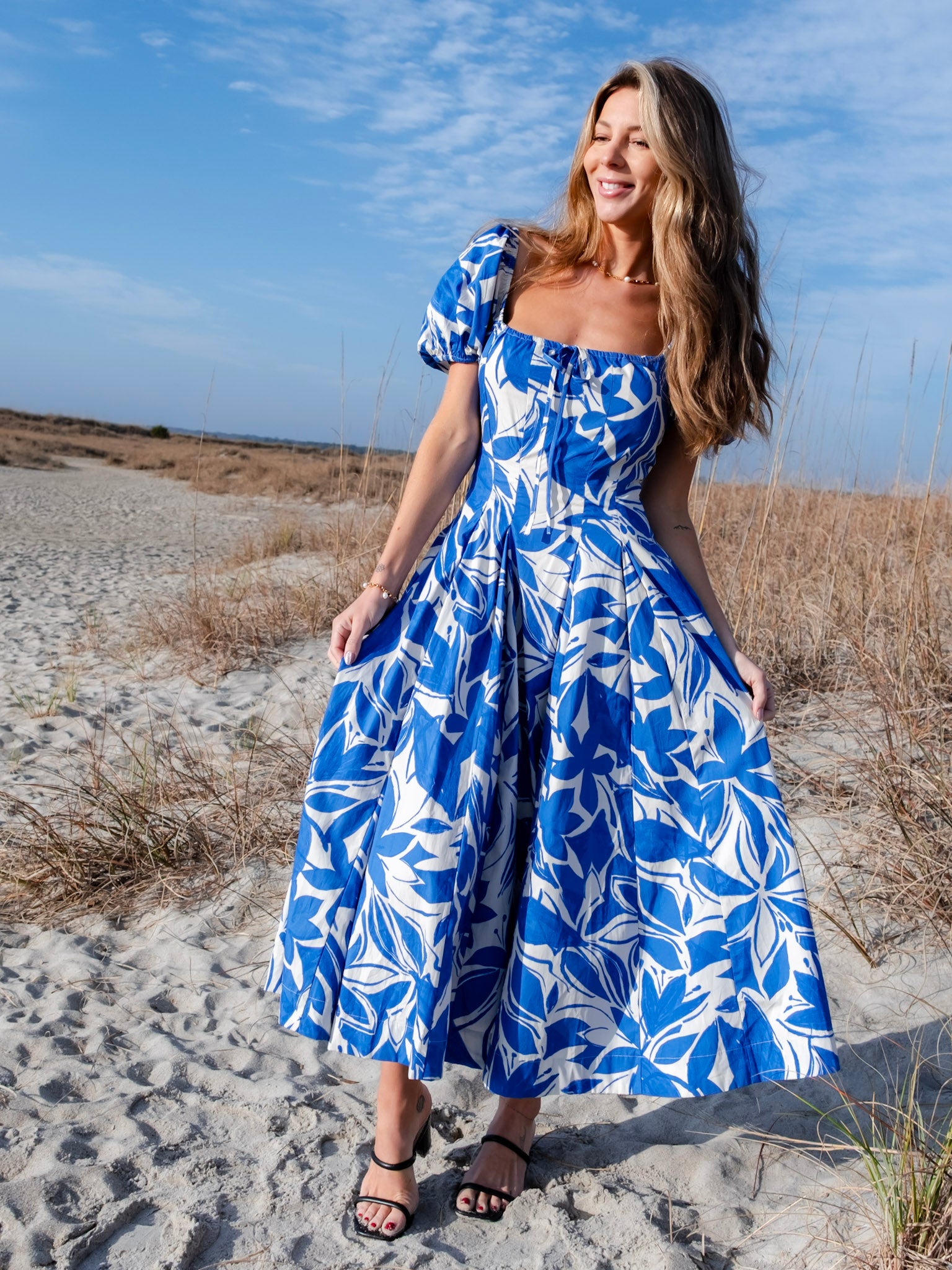 Two Tone Floral Print Puff Sleeve Cotton Maxi Dress