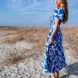 Two Tone Floral Print Puff Sleeve Cotton Maxi Dress