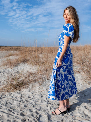 Two Tone Floral Print Puff Sleeve Cotton Maxi Dress