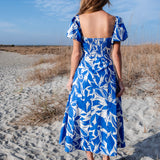 Two Tone Floral Print Puff Sleeve Cotton Maxi Dress