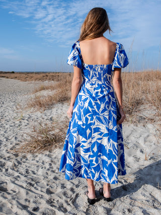 Two Tone Floral Print Puff Sleeve Cotton Maxi Dress