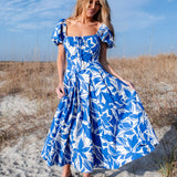 Two Tone Floral Print Puff Sleeve Cotton Maxi Dress