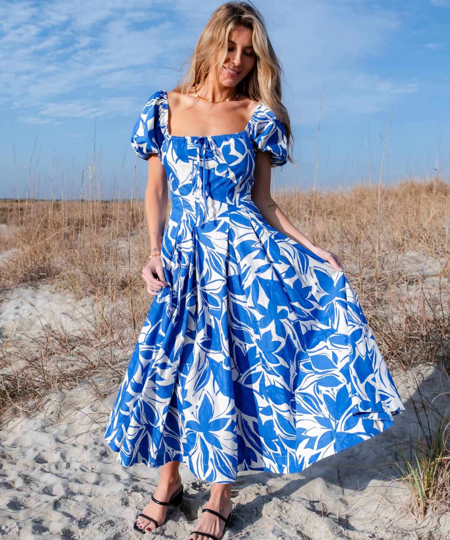 Two Tone Floral Print Puff Sleeve Cotton Maxi Dress