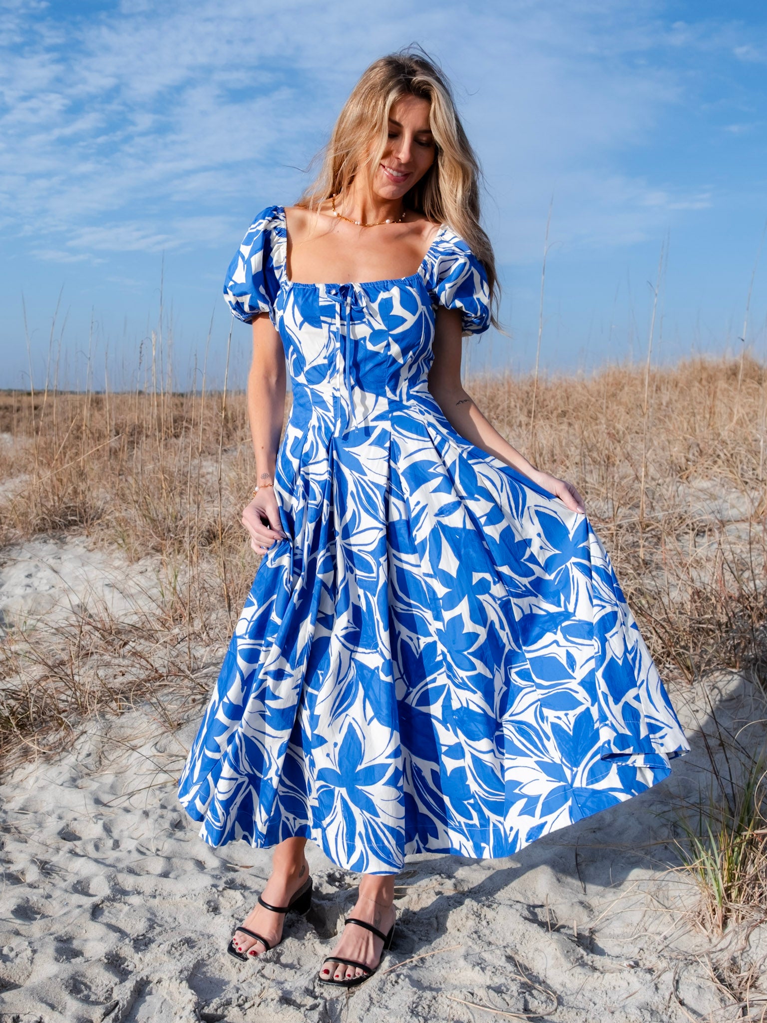 Two Tone Floral Print Puff Sleeve Cotton Maxi Dress