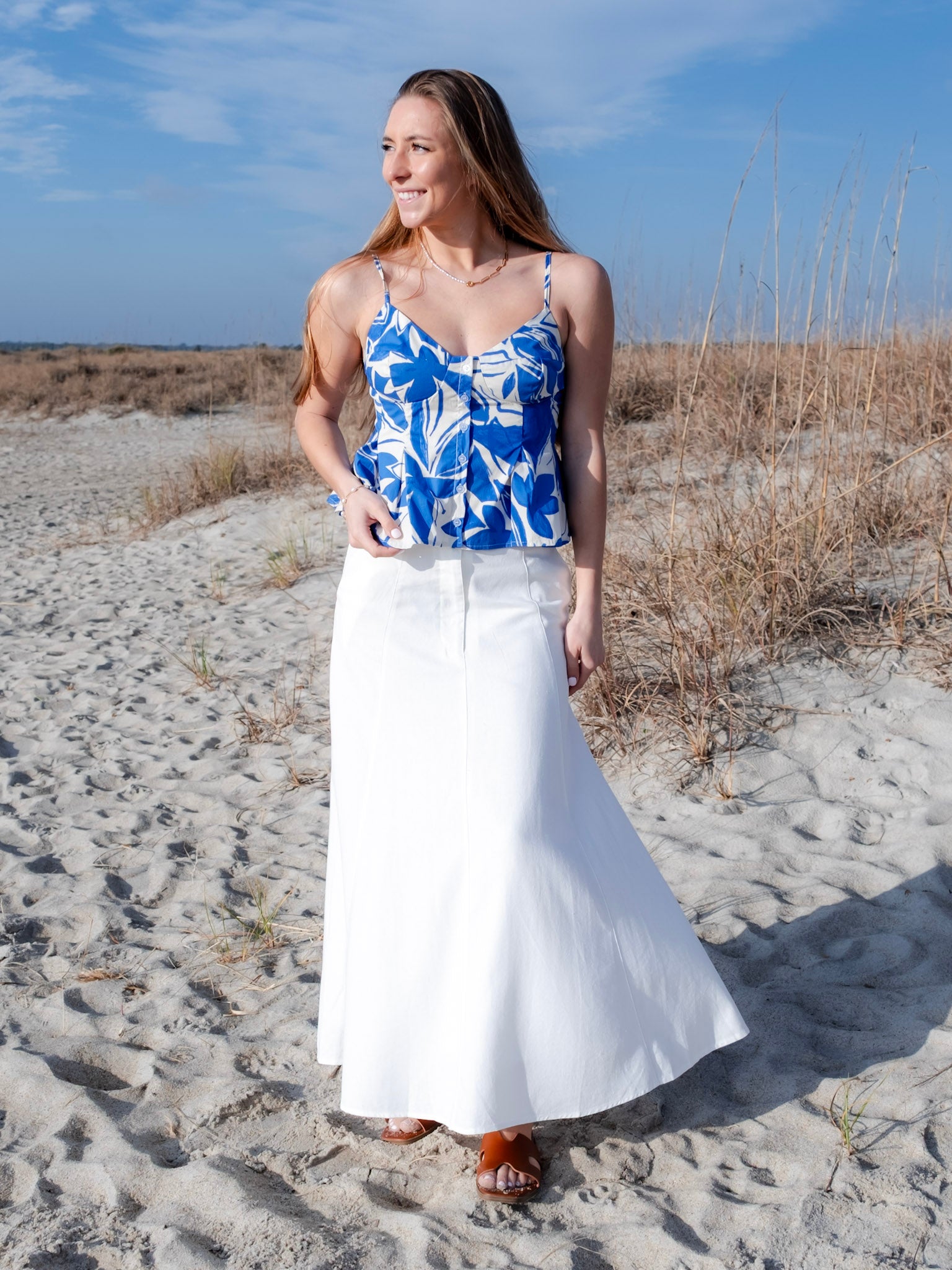 Two Tone Floral Print Button Up Cotton Tank Top