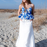 Two Tone Floral Print Button Up Cotton Tank Top