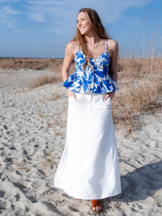 Two Tone Floral Print Button Up Cotton Tank Top