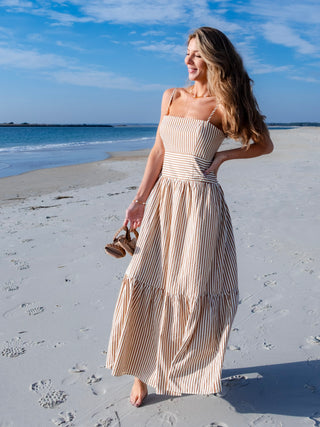 Thin Strap Striped Textured Tiered Maxi Dress