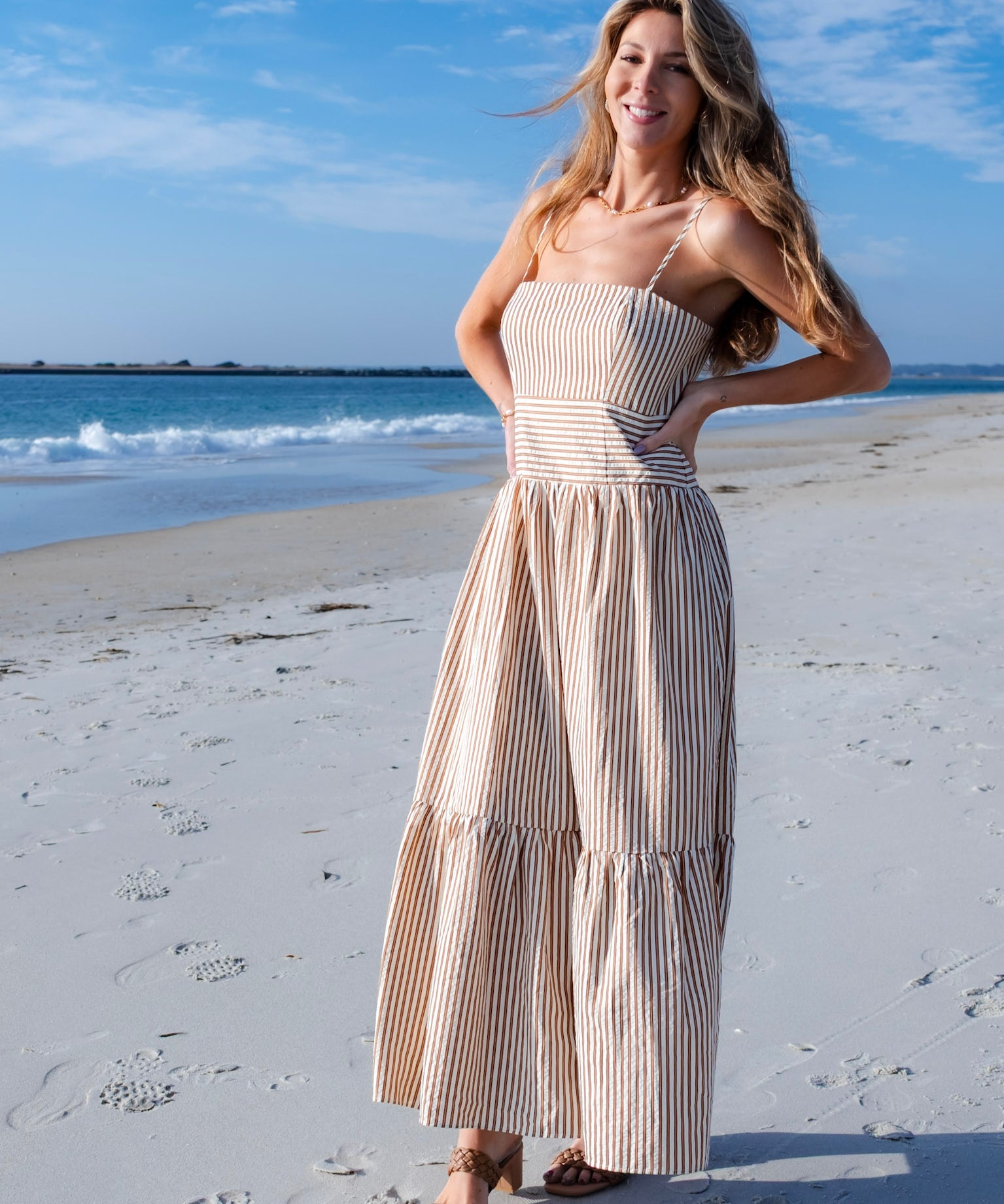 Thin Strap Striped Textured Tiered Maxi Dress