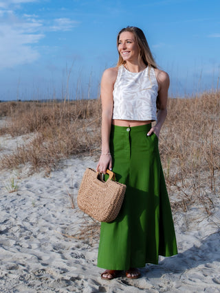 Pleated Cotton/Linen Blend Maxi Skirt