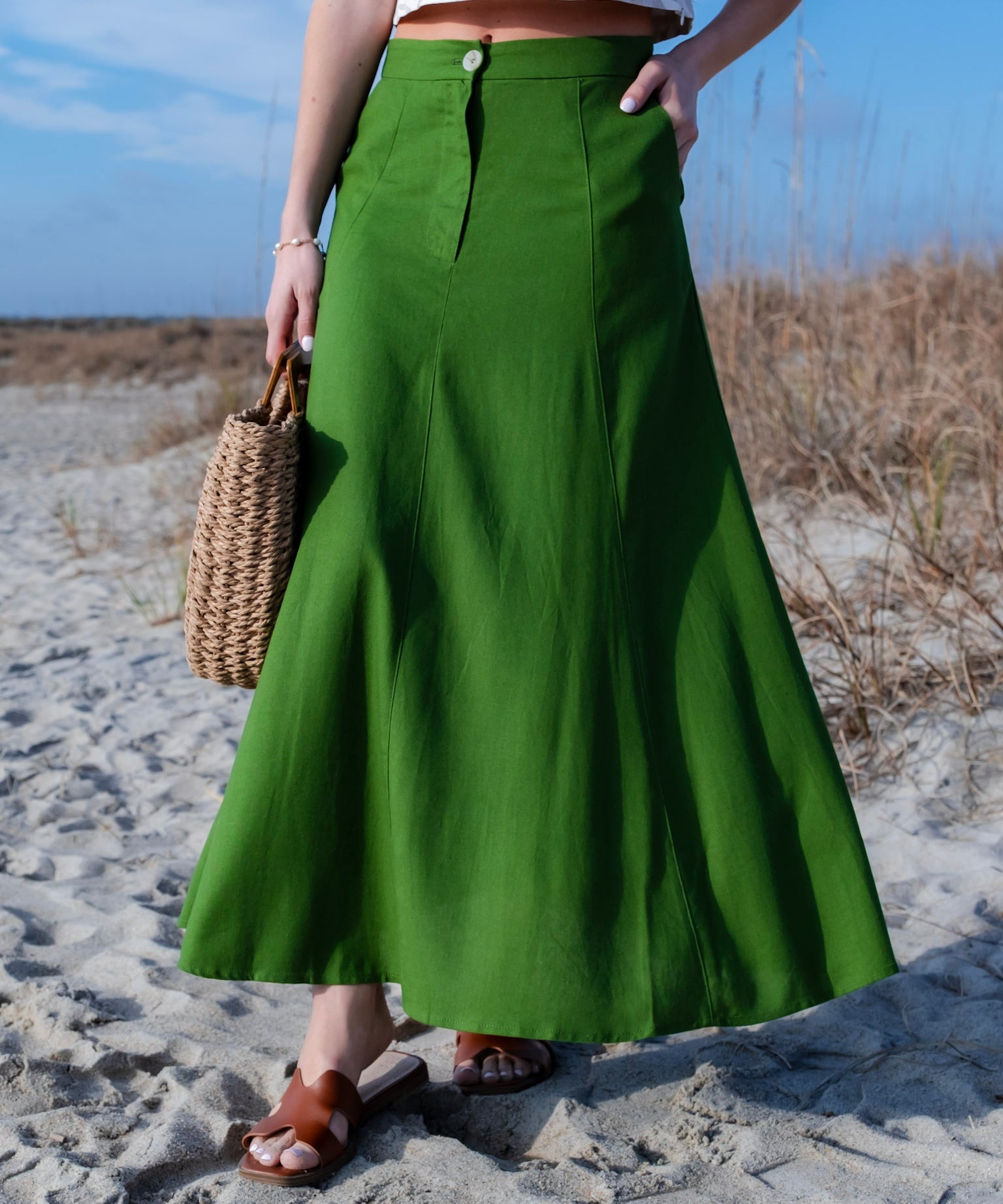 Pleated Cotton/Linen Blend Maxi Skirt