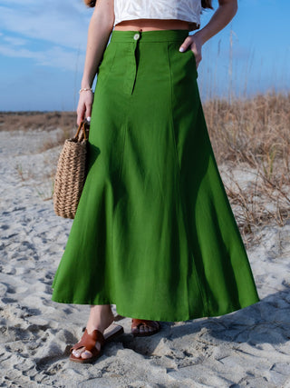 Pleated Cotton/Linen Blend Maxi Skirt