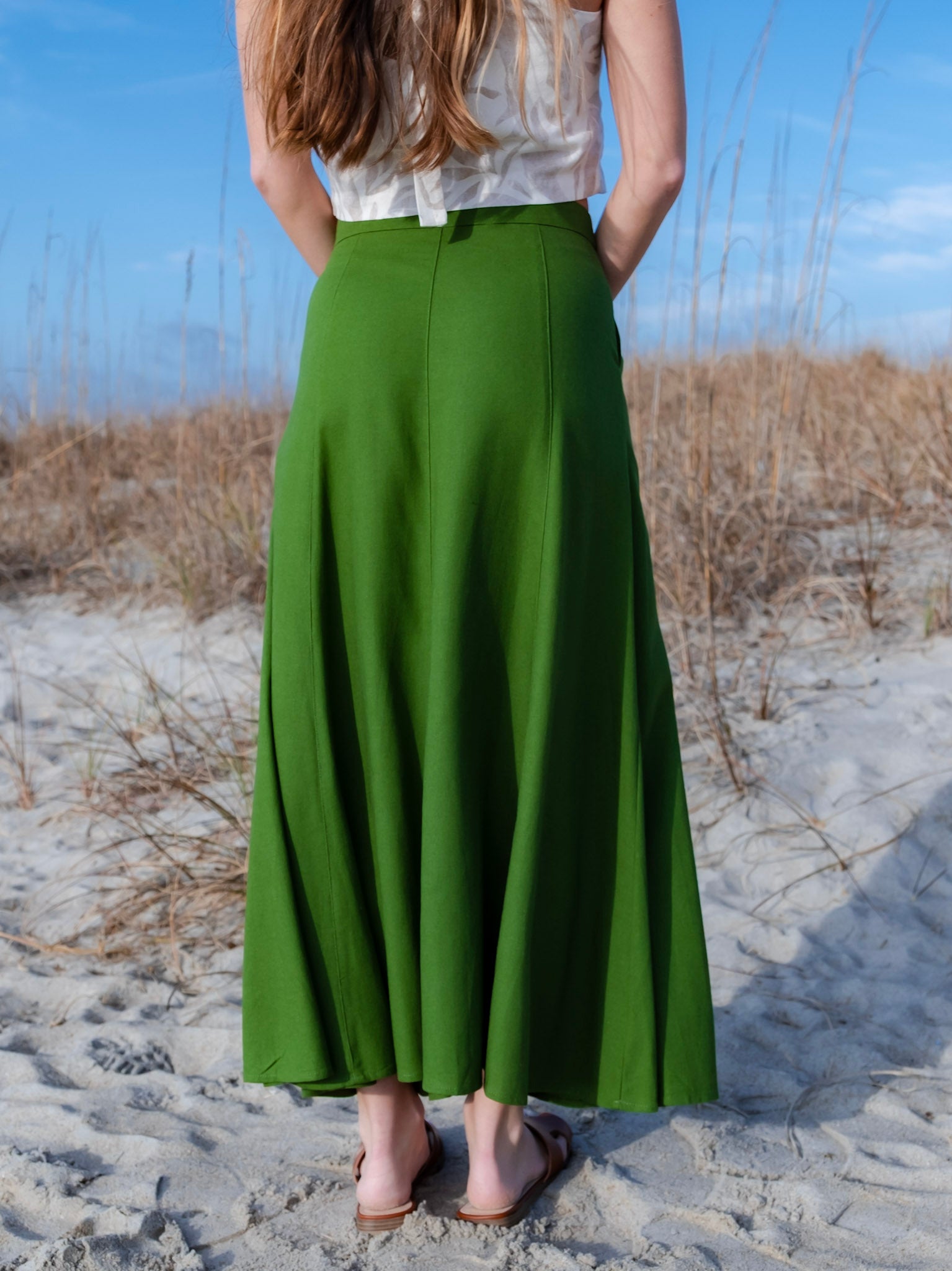 Pleated Cotton/Linen Blend Maxi Skirt