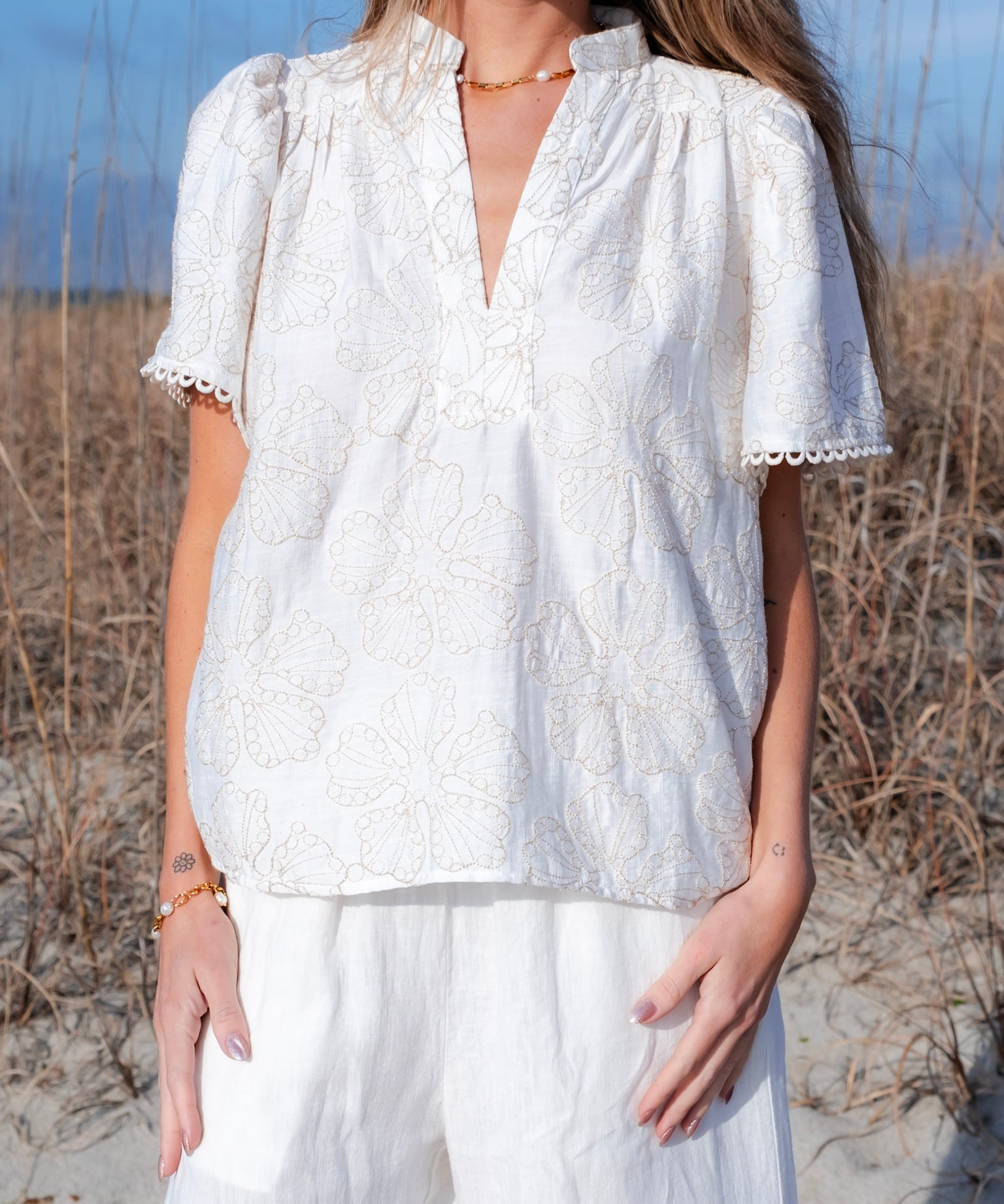 Short Sleeve Embroidery Detail Blouse
