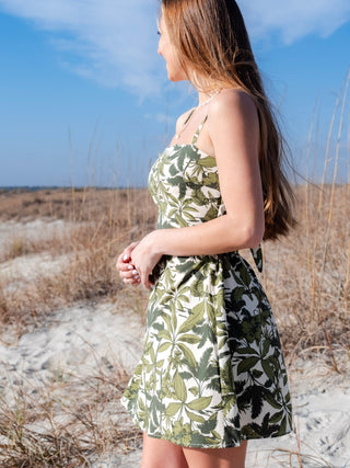 Square Neck Tie Back Cut Out Palm Print Short Dress