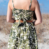 Square Neck Tie Back Cut Out Palm Print Short Dress