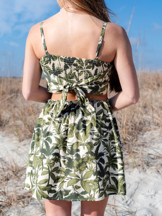 Square Neck Tie Back Cut Out Palm Print Short Dress